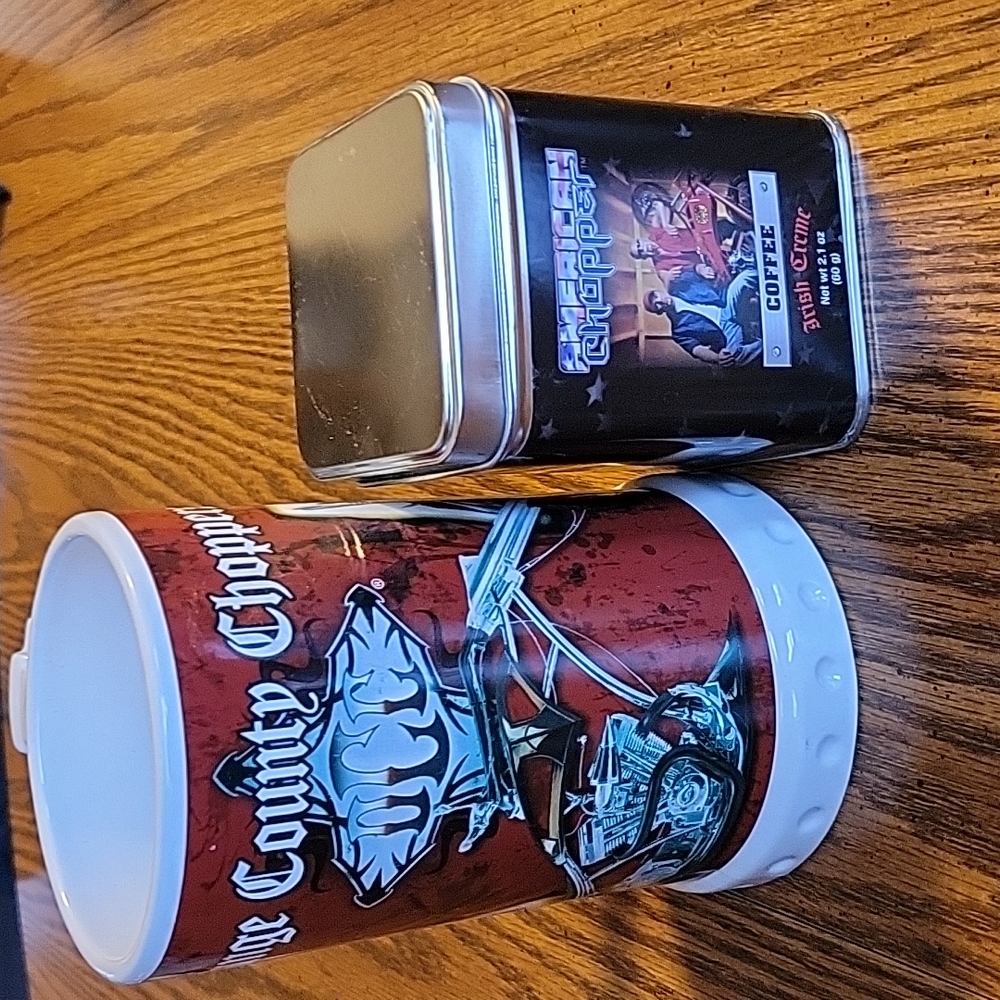 ORANGE COUNTY CHOPPERS AMERICAN CHOPPER STEIN AND COFFEE TIN